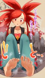 Rule 34 | 1girl, absurdres, barefoot, blush, breasts, cleavage, creatures (company), daba (wandaba), feet, flannery (pokemon), game freak, highres, long hair, looking at viewer, nintendo, open mouth, pokemon, pokemon oras, red eyes, red hair, rock, soles, steam, sweat, toes, translated