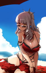 Rule 34 | 1girl, bare shoulders, beach, bikini, blush, bracelet, breasts, carmilla (fate), carmilla (summertime mistress) (fate), chain necklace, cleavage, cloud, curly hair, day, fate/grand order, fate (series), hair ornament, highres, jewelry, large breasts, long hair, looking at viewer, navel, necklace, ocean, outdoors, ponytail, red bikini, sarong, shadow, sidelocks, silver hair, sky, solo, strap slip, sunglasses, swimsuit, thighs, tokiwa mmm, umbrella, wristband, yellow eyes