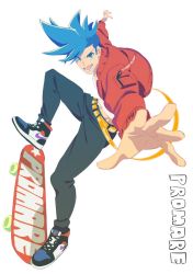 Rule 34 | 1boy, blue eyes, blue hair, casual, copyright name, foreshortening, galo thymos, jacket, looking at viewer, male focus, open mouth, outstretched hand, pants, promare, saitou kengo, skateboard, smile, spiked hair, white background