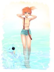 Rule 34 | 1girl, arms behind head, bare shoulders, barefoot, blue eyes, breasts, creatures (company), game freak, gen 1 pokemon, highres, highvoltage, horsea, legs, midriff, misty (pokemon), navel, nintendo, open mouth, orange hair, partially submerged, pokemon, pokemon (creature), ponytail, short hair, shorts, side ponytail, solo, standing, suspenders, water