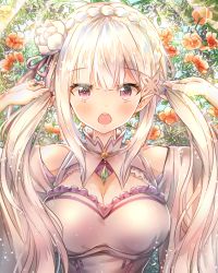 Rule 34 | 10s, 1girl, arms up, bare shoulders, blush, braid, breasts, cleavage, cleavage cutout, clothing cutout, commentary request, crown braid, dress, emilia (re:zero), fingernails, flower, hair flower, hair ornament, hair ribbon, large breasts, light rays, long hair, looking at viewer, melings (aot2846), open mouth, purple eyes, purple ribbon, re:zero kara hajimeru isekai seikatsu, red flower, ribbon, rose, sidelocks, silver hair, solo, sunbeam, sunlight, teeth, twintails, upper body, upper teeth only, very long hair, white dress, white flower, white rose