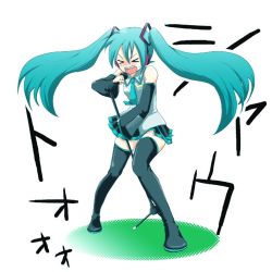 Rule 34 | &gt; &lt;, aqua hair, bad id, bad pixiv id, detached sleeves, closed eyes, hatsune miku, ica, inaka, long hair, microphone, microphone stand, necktie, shouting, skirt, solo, thighhighs, translated, twintails, vocaloid
