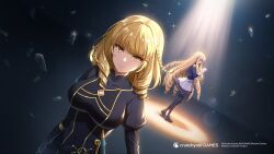 2girls artist_request black_footwear black_thighhighs blonde_hair blue_jacket braid breasts broken_glass closed_mouth copyright_notice covered_navel crunchyroll drill_hair glass gleam gold_trim highres holding jacket kage_no_jitsuryokusha_ni_naritakute! kage_no_jitsuryokusha_ni_naritakute!_master_of_garden long_hair multiple_girls official_art pleated_skirt rose_oriana skirt thighhighs white_jacket yellow_eyes