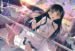 Rule 34 | 1girl, :d, bad id, bad yandere id, bird, black hair, blush, breasts, butterfly hair ornament, clothes lift, dress, dress lift, dutch angle, hair ornament, highres, kantoku, long hair, looking back, nagisa (kantoku), open mouth, original, outdoors, scan, seagull, small breasts, smile, solo, sundress, sunlight, sunset, two side up, white dress, wind, wind lift, yellow eyes