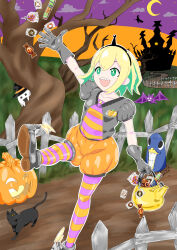 Rule 34 | 1girl, absurdres, amano pikamee, bare tree, black gloves, black hairband, blonde hair, boots, candy, castle, cat, collarbone, colored inner hair, commentary, crescent moon, english commentary, fence, food, ghost, gloves, grass, green eyes, green hair, gyari (bird), hairband, halloween, highres, holding, jack-o&#039;-lantern, kettle, matsuta6, moon, multicolored hair, night, open mouth, orange pantyhose, orange shirt, pantyhose, pointy footwear, puffy short sleeves, puffy sleeves, pumpkin pants, purple pantyhose, purple shirt, sharp teeth, shirt, short hair, short sleeves, standing, standing on one leg, teeth, throwing, tree, two-tone hair, virtual youtuber, voms, witch