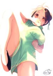 Rule 34 | 1girl, baozi, black footwear, blush, breasts, brown eyes, brown hair, china dress, chinese clothes, chita (ketchup), commentary request, covered mouth, dress, food, green dress, green ribbon, hair bun, hair ribbon, highres, holding, holding food, large breasts, looking at viewer, looking down, original, ribbon, shoes, short hair, short sleeves, signature, simple background, single hair bun, solo, standing, standing on one leg, white background