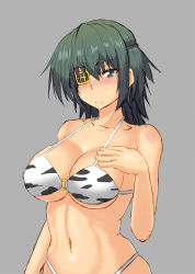 Rule 34 | 1girl, animal print, bikini, blush, breasts, cleavage, closed mouth, collarbone, cow print, dark green hair, eyepatch, frown, green eyes, grey background, hair between eyes, hand on own chest, highres, kantai collection, kiso (kancolle), large breasts, looking at viewer, navel, nokishita kumoemon, o-ring, o-ring bikini, short hair, solo, string bikini, swimsuit, upper body, white bikini