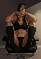 Rule 34 | 1girl, absurdres, armpits, biceps, black hair, black panties, black socks, black sports bra, bra, breasts, chair, claw (weapon), cleavage, dima ivanov, highres, kneehighs, knees apart feet together, laura kinney, looking at viewer, marvel, muscular, muscular female, navel, panties, parted lips, sitting, socks, solo, sports bra, stomach, underwear, weapon, x-23, x-men