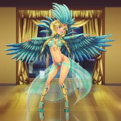 Rule 34 | 1girl, absurdres, blonde hair, blue eyes, blue footwear, blue headwear, blue lips, blue nails, blue wings, braid, breasts, bridal gauntlets, carnival, commission, earrings, elyon brown, elyon escanor, feathered wings, feathers, female focus, festival, full body, gluteal fold, hair ornament, headdress, highleg, highleg panties, highres, indoors, jewelry, lipstick, long hair, looking at viewer, makeup, medium breasts, nail polish, navel piercing, open mouth, panties, piercing, revealing clothes, smile, solo, spread legs, thighs, tile floor, tiles, tlacuicani, toenail polish, toenails, twin braids, underwear, w.i.t.c.h., wings