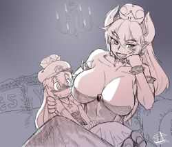 Rule 34 | 2girls, armlet, bad id, bad twitter id, bed, blush, bowsette, bracelet, breasts, chandelier, cleavage, dress, earrings, gem, hat, head rest, horns, implied yuri, jewelry, large breasts, long hair, mario, mario (series), multiple girls, necklace, new super mario bros. u deluxe, nintendo, sharp teeth, sitting, sitting on lap, sitting on person, sketch, spiked armlet, spiked bracelet, spikes, super crown, sweatdrop, takatsu keita, teeth, transformation, wavy mouth, yes-no pillow