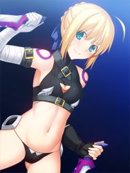 Rule 34 | 1girl, artoria pendragon (all), artoria pendragon (fate), bandages, bare shoulders, black panties, black thighhighs, blonde hair, boots, cosplay, dagger, fate/apocrypha, fate/stay night, fate (series), fingerless gloves, gloves, green eyes, jack the ripper (fate/apocrypha) (cosplay), knife, looking at viewer, lowleg, lowleg panties, midriff, navel, panties, saber (fate), scar, short hair, single glove, skylader, smile, solo, thigh boots, thighhighs, underwear, weapon