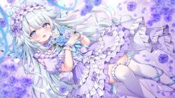 1girl blue_eyes blush dress flower frilled_dress frills highres holding long_hair looking_at_viewer open_mouth purple_dress purple_flower purple_rose rose sanso_chan shiono_(0303) smile solo thighhighs virtual_youtuber white_flower white_thighhighs