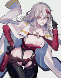 Rule 34 | 1girl, arm up, bags under eyes, belt, belt pouch, black gloves, black leotard, breasts, chaps, cleavage, clenched teeth, clothing cutout, coat, coat on shoulders, collarbone, contrapposto, cowboy shot, cropped jacket, dog tags, gloves, goddess of victory: nikke, grey hair, hair ornament, hairclip, hand on own hip, highres, index finger raised, jacket, large breasts, leaning forward, leotard, long hair, looking at viewer, messy hair, midriff, navel cutout, oro (sumakaita), pouch, red jacket, scar, scar on stomach, sharp teeth, simple background, solo, standing, stomach cutout, teeth, thigh gap, white background, white coat, yellow eyes, yulha (nikke)