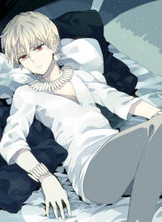 Rule 34 | 1boy, bad id, bad pixiv id, bed, blonde hair, bracelet, earrings, fate/zero, fate (series), gilgamesh (fate), jewelry, lying, male focus, necklace, official alternate costume, on back, on bed, pillow, red eyes, solo, toriatte, v-neck