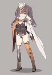 Rule 34 | 1girl, animal ears, asymmetrical legwear, blade (galaxist), blush, boots, brown hair, brown leotard, cape, commentary request, copyright request, covered navel, fake animal ears, full body, gloves, gluteal fold, grey background, grey eyes, grey thighhighs, groin, hair between eyes, hand on own hip, hat, leotard, long hair, long sleeves, mismatched legwear, orange gloves, orange thighhighs, parted lips, shadow, sleeves past wrists, solo, standing, thighhighs, thighhighs under boots, twintails, white cape, white footwear, white hat