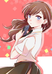 Rule 34 | 1girl, absurdres, black necktie, blue eyes, blush, brown hair, brown skirt, closed mouth, collared shirt, commentary request, cowboy shot, floating hair, from side, hair behind ear, hand up, highres, holding, holding notebook, long hair, looking at viewer, looking to the side, necktie, notebook, red background, school uniform, shirt, shirt tucked in, short sleeves, shoujo kageki revue starlight, skirt, solo, tareko, two-tone background, white background, white shirt, yanagi koharu