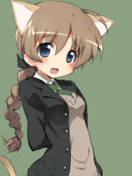 Rule 34 | 00s, 1girl, aikei, animal ears, blazer, blue eyes, braid, brown hair, cat ears, cat tail, hair ribbon, jacket, lowres, lynette bishop, necktie, open mouth, ribbon, single braid, solo, strike witches, tail, world witches series