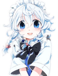 Rule 34 | 1girl, aged down, bad id, bad pixiv id, blue dress, blue eyes, blush, bow, braid, chachi (azuzu), child, dress, hair ornament, izayoi sakuya, looking at viewer, maid, maid headdress, open mouth, rabbit hair ornament, shirt, short sleeves, silver hair, simple background, smile, solo, touhou, twin braids, upper body, v arms, white background