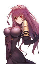 Rule 34 | 1girl, armor, ban bu bu duou, bodysuit, breasts, cowboy shot, eyelashes, fate/grand order, fate (series), hand up, highres, large breasts, long hair, looking at viewer, panties, parted lips, pauldrons, purple bodysuit, purple hair, red eyes, scathach (fate), see-through, shoulder armor, simple background, solo, underwear, white background