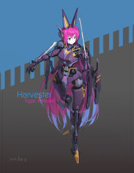 Rule 34 | 1girl, arm blade, blue background, blue hair, colored skin, commentary request, frown, full body, gradient hair, grey background, highres, joints, long hair, mechanical ears, mixed-language commentary, multicolored hair, original, pink hair, red eyes, robot girl, robot joints, solo, two-tone background, two-tone hair, ushas, very long hair, weapon, white skin