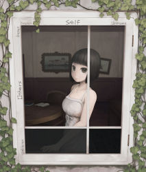 Rule 34 | 1girl, black hair, blunt bangs, chair, commentary request, dress, original, solo, table, window, yajirushi (chanoma)