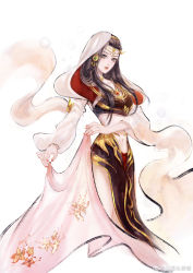 Rule 34 | 1girl, black skirt, brown hair, detached sleeves, green eyes, hair ornament, hairband, highres, holding cloth, hood, long hair, navel, open mouth, original, qiao zhong xie, second-party source, sidelocks, skirt, solo, teeth, upper body, white background