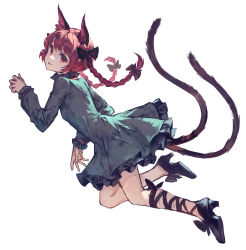 Rule 34 | 1girl, absurdres, animal ear fluff, animal ears, black bow, black ribbon, blunt bangs, bow, braid, cat ears, cat tail, commentary, dress, frilled dress, frilled sleeves, frills, green dress, hair bow, high heels, highres, kaenbyou rin, leg ribbon, leg strap, long hair, long sleeves, looking at viewer, multiple tails, nekomata, open mouth, red eyes, red hair, ribbon, simple background, smile, solo, tail, touhou, twin braids, two tails, white background, yanyan (shinken gomi)