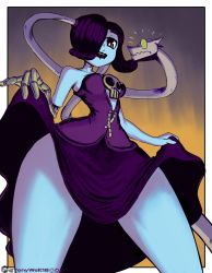 Rule 34 | 1girl, 2021, absurdres, blue skin, colored skin, dress, dressing, exposed bone, from below, highres, leviathan (skullgirls), looking at viewer, looking down, open mouth, purple hair, red eyes, seductive smile, side ponytail, skullgirls, smile, solo, squigly (skullgirls), stitched mouth, stitches, surprised, tagme, tony welt, zombie