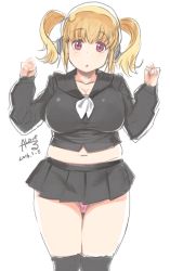 Rule 34 | 1girl, :o, belly, black jacket, black skirt, blonde hair, breasts, bursting belly, cleavage, cleft of venus, headphones, jacket, large breasts, looking at viewer, midriff peek, navel, nitroplus, plump, red eyes, skirt, solo, standing, super pochaco, thighhighs, thighs, twintails, undersized clothes