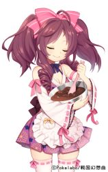 Rule 34 | 1girl, apron, bad id, bad pixiv id, baking, bow, breasts, byulzzi, chocolate, cleavage, detached sleeves, dress, closed eyes, hair bow, long hair, long sleeves, mixing bowl, official art, purple dress, ribbon-trimmed legwear, ribbon-trimmed sleeves, ribbon trim, sengoku gensoukyoku, small breasts, smile, solo, spatula, thighhighs, twintails, watermark, white background, white thighhighs