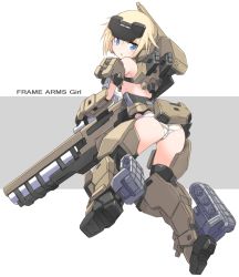 Rule 34 | 1girl, armored boots, ass, black thighhighs, blonde hair, blue eyes, boots, commentary request, copyright name, frame arms girl, gourai, grey background, hair between eyes, highres, karukan (monjya), looking at viewer, looking back, mecha musume, panties, parted lips, shoe soles, sidelocks, solo, striped clothes, striped panties, thighhighs, two-tone background, underwear, white background