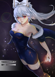 Rule 34 | 1girl, absurdres, alternate color, alternate costume, alternate hairstyle, arched back, artist name, bare shoulders, black thighhighs, blue dress, bow, breasts, cleavage, cloud, collarbone, copyright name, dress, earrings, eyes visible through hair, female focus, fireball, fujiwara no mokou, fur trim, grey hair, hair bow, highres, hip focus, jewelry, lens flare, light, light particles, lips, long hair, looking at viewer, looking to the side, magic, off shoulder, open hand, parted lips, ponytail, red eyes, skin tight, solo, strapless, strapless dress, stud earrings, sunshine (1638509769), thighhighs, thighs, tight clothes, tight dress, toned, touhou, white hair, wind, zettai ryouiki