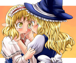 Rule 34 | 2girls, after kiss, alice margatroid, blonde hair, female focus, hands on another&#039;s face, hat, kirisame marisa, kiss, long hair, multiple girls, saliva, saliva trail, short hair, tears, tongue, touhou, yellow eyes, yuri