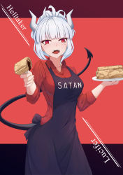 Rule 34 | 1girl, absurdres, apron, black apron, black background, blunt bangs, breasts, character name, collarbone, commentary request, demon girl, demon horns, demon tail, fang, food, helltaker, highres, holding, holding plate, horns, long hair, looking at viewer, lucifer (helltaker), mole, mole under eye, pancake, plate, red background, red eyes, red shirt, shirt, simple background, smile, solo, tail, twtnw, white hair, white horns