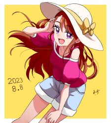 Rule 34 | 1girl, artist name, asymmetrical bangs, birthday, blue shorts, border, bow, brown hair, clothing cutout, commentary, dated, denim, denim shorts, dutch angle, earrings, hand on own head, hand on own thigh, hand up, hat, hat bow, highres, hijiri ageha, hirogaru sky! precure, jewelry, leaning forward, long hair, looking at viewer, open mouth, pink shirt, precure, purple eyes, ring, shirt, shorts, shoulder cutout, signature, smile, solo, standing, stud earrings, sun hat, swept bangs, white border, white hat, wide brim, wind, yellow background, yellow bow, zerolay