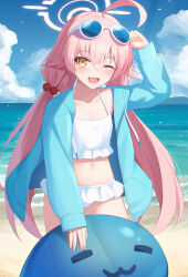 Rule 34 | 1girl, ahoge, arm up, beach, bikini, blue-tinted eyewear, blue archive, blue jacket, blue sky, blush, cloud, cloudy sky, commentary request, day, drawstring, eyewear on head, fang, feet out of frame, flat chest, fuka kurotsuji, hair bobbles, hair ornament, halo, highres, hoshino (blue archive), hoshino (swimsuit) (blue archive), jacket, long hair, long sleeves, looking at viewer, low twintails, navel, ocean, official alternate costume, one eye closed, open clothes, open jacket, open mouth, outdoors, partial commentary, pink hair, pink halo, skin fang, sky, smile, solo, standing, swimsuit, tinted eyewear, twintails, white bikini, yellow eyes