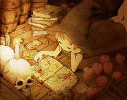 Rule 34 | apple, barrel, book, candle, crayon, drawing, closed eyes, food, fruit, hat, lionel nakamura, lying, oekaki musume, original, skull, solo, witch hat