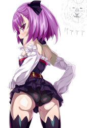 Rule 34 | 1girl, ass, bare shoulders, belt, black panties, black thighhighs, blush, detached sleeves, dress, fate/grand order, fate (series), from behind, from below, helena blavatsky (fate), highres, looking at viewer, looking back, open mouth, panties, pantyshot, purple eyes, purple hair, shimejinameko, shiny skin, short hair, simple background, sketch, solo, standing, strapless, thighhighs, thomas edison (fate), underwear, white background