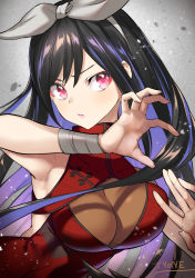 Rule 34 | 1girl, absurdres, artist name, bandaged arm, bandages, bare shoulders, black hair, breasts, chinese clothes, cleavage cutout, clothing cutout, dress, fighting stance, grey background, grey hairband, grey ribbon, hair ornament, hairband, highres, large breasts, long hair, looking at viewer, multicolored hair, nazo no lililith, parted lips, pink eyes, purple hair, red dress, ribbon, solo, tyone, upper body