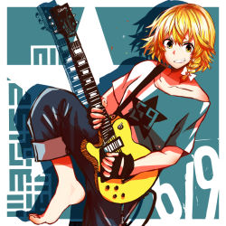 Rule 34 | 1girl, alternate costume, bad id, bad pixiv id, barefoot, blonde hair, bow, braid, capri pants, contemporary, denim, electric guitar, gibson, gibson les paul, grin, guitar, hair bow, hat, instrument, jeans, kirisame marisa, left-handed, no headwear, pants, shirt, short hair, simple background, smile, solo, syn, t-shirt, touhou, yellow eyes