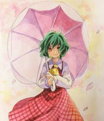 Rule 34 | 1girl, cherry blossoms, commentary request, dress, green hair, holding, holding umbrella, kaigen 1025, kazami yuuka, long sleeves, looking at viewer, petals, plaid, plaid dress, red dress, red eyes, shirt, short hair, solo, touhou, umbrella, white shirt, yellow neckwear