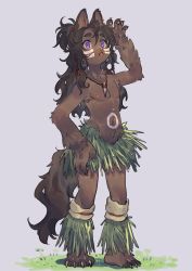 Rule 34 | 1boy, 4040tinta, animal ears, black hair, body fur, bodypaint, claws, facepaint, full body, furry, furry male, grass skirt, hair ornament, highres, jewelry, male focus, necklace, open mouth, original, purple eyes, solo, standing, tail, topless male, tribal, wolf ears, wolf tail