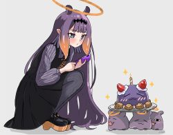 Rule 34 | 1girl, absurdres, blunt bangs, cake, cellphone, dress, food, halo, highres, hololive, hololive english, long hair, magui3, multicolored hair, ninomae ina&#039;nis, ninomae ina&#039;nis (casual), open mouth, orange hair, phone, pointy ears, purple hair, smartphone, smile, takodachi (ninomae ina&#039;nis), tentacle hair, tentacles, virtual youtuber
