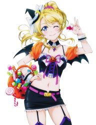Rule 34 | 1girl, ;), ayase eli, black hat, black skirt, black thighhighs, black wings, blonde hair, breasts, candy, choker, cleavage, cowboy shot, crop top, demon wings, floating hair, food, garter straps, hair ornament, hair scrunchie, hand on own hip, hat, high ponytail, highres, holding, long hair, love live!, love live! school idol festival, medium breasts, midriff, mini hat, miniskirt, navel, one eye closed, pumpkin, purple ribbon, ribbon, scrunchie, skirt, smile, solo, standing, stomach, thighhighs, transparent background, white ribbon, wings, witch hat, wrist cuffs