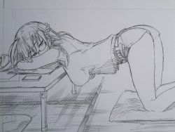 Rule 34 | 1girl, ahoge, armpits, ass, bent over, braid, breasts, cellphone, cup, cushion, feet out of frame, french braid, from side, glasses, greyscale, half-closed eyes, hanging breasts, kneeling, kneepits, kojima takeshi, long hair, looking at viewer, looking to the side, medium breasts, monochrome, original, paper, phone, short shorts, shorts, sketch, sleeveless, smartphone, solo, table, tank top, thighs, traditional media, tsurime
