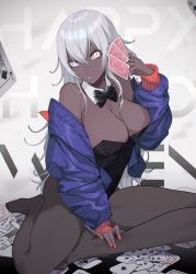 Rule 34 | 1girl, bad id, bad pixiv id, bare shoulders, black bow, black bowtie, black leotard, black pantyhose, blue jacket, blurry, blurry foreground, bow, bowtie, breasts, card, cleavage, commentary request, dark-skinned female, dark skin, detached collar, english text, hair between eyes, hand up, highres, holding, holding card, jacket, large breasts, leotard, long hair, long sleeves, looking at viewer, nail polish, no shoes, off shoulder, open clothes, open jacket, original, panties, pantyhose, parted lips, playboy bunny, playing card, red nails, silver hair, sitting, solo, underwear, very long hair, wakahiko, white eyes