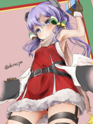Rule 34 | 1girl, 1other, akino shuu, armpits, belt, black belt, blue eyes, box, brown gloves, brown scarf, cowboy shot, gift, gift box, gloves, hair between eyes, holding, holding gift, kantai collection, langley (kancolle), long hair, official alternate costume, purple hair, santa costume, scarf, solo focus, thigh strap, twitter username