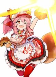 Rule 34 | 1girl, animal ear fluff, animal ears, animal hands, apron, arm up, bell, bow, breasts, character name, cleavage, clothes writing, coffeekite, collar, collarbone, dress, fang, fate/extra, fate/grand order, fate (series), fox ears, fox girl, fox tail, gloves, hair between eyes, hair bow, highres, jingle bell, large breasts, long hair, lostroom outfit (fate), neck bell, one eye closed, open mouth, paw gloves, pink hair, ponytail, puffy nipples, red bow, red thighhighs, sidelocks, smile, solo, striped clothes, striped dress, tail, tamamo (fate), tamamo cat (fate), thighhighs, thighs, visor cap, white apron, yellow eyes