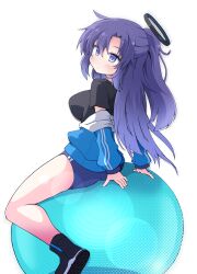 Rule 34 | 1girl, arm support, ass, ball, black footwear, black shirt, blue archive, blue buruma, blue coat, blush, boots, breasts, buruma, coat, commentary request, dot mouth, double vertical stripe, exercise ball, gradient hair, gym uniform, hair between eyes, halo, highres, large breasts, long hair, looking at viewer, mechanical halo, multicolored hair, name tag, purple hair, shirt, short sleeves, sideboob, simple background, sitting, sitting on ball, solo, white background, yuuhi alpha, yuuka (blue archive), yuuka (track) (blue archive)