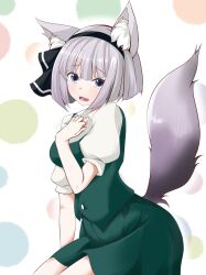 Rule 34 | 1girl, animal ear fluff, animal ears, black hairband, breasts, collared shirt, commentary request, fox ears, fox tail, green skirt, green vest, grey eyes, grey hair, hairband, highres, kemonomimi mode, konpaku youmu, looking at viewer, medium breasts, multicolored background, open mouth, shirt, short hair, short sleeves, skirt, skirt set, solo, sunaguma, tail, touhou, vest, white shirt